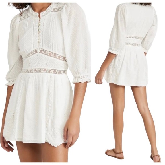Love Shack Fancy Leno Mini Dress Long Sleeve V Neck Womens White Size 2 - Picture 3 of 15